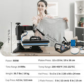 Woman holding a gray short-sleeve T-shirt with relaxed fit beside a heat press machine on a table.