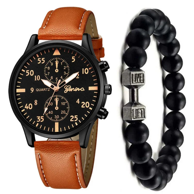 Men's black dial watch with brown leather strap, paired with black beaded bracelet
