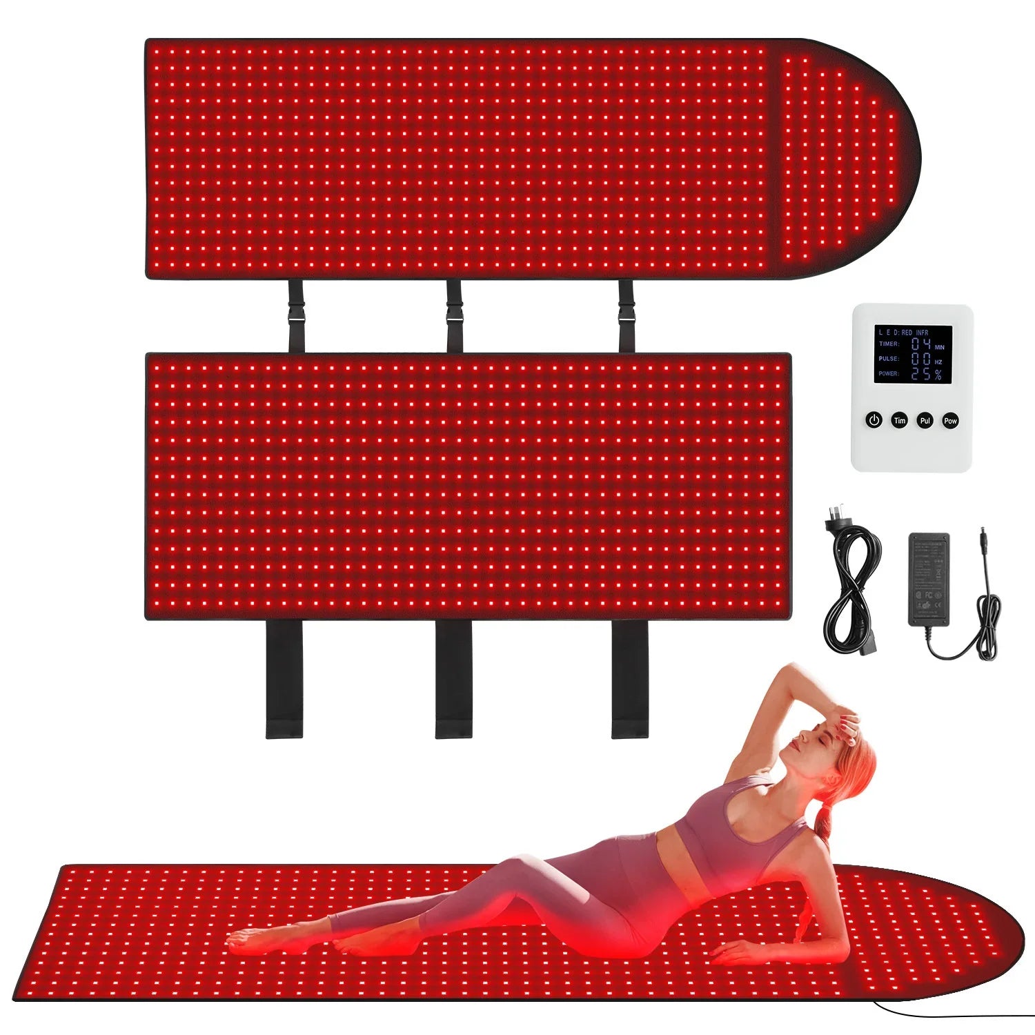 Woman in mauve fitted activewear set with crop top and leggings, lying on red LED therapy mat
