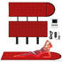 Woman in mauve fitted activewear set with crop top and leggings, lying on red LED therapy mat