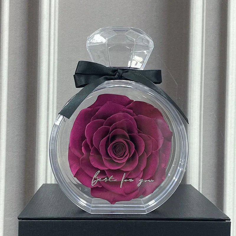 Deep red rose in a clear round case with ribbon, elegant preserved flower decor