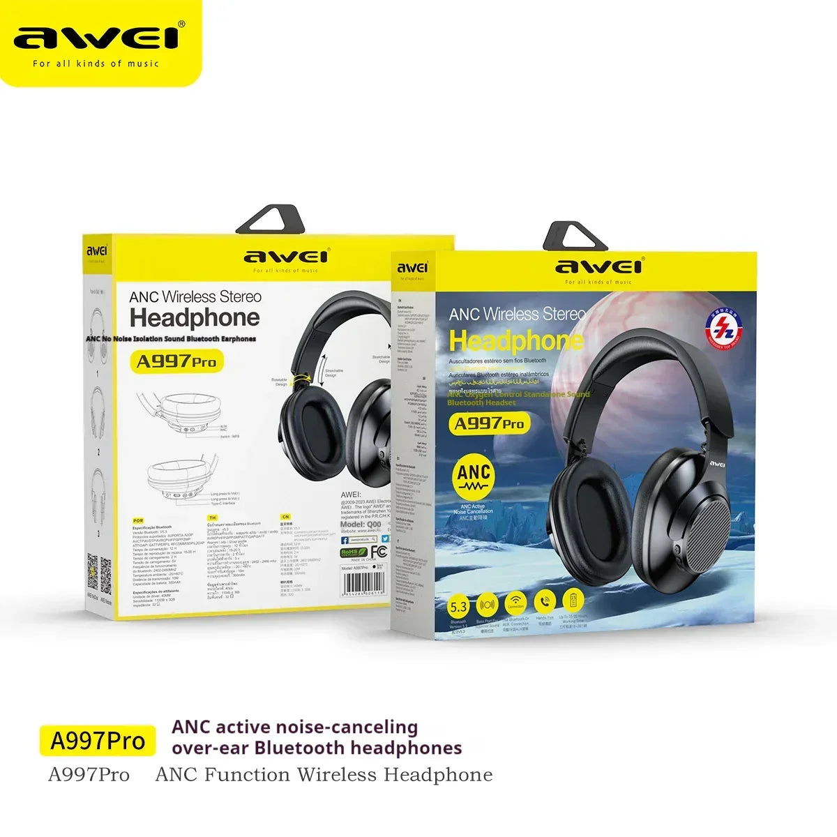 Black over-ear wireless headphones with ANC, shown in sleek matte finish on retail packaging