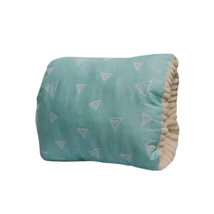 Soft rectangular blue pillow with white geometric triangle pattern and plush sides