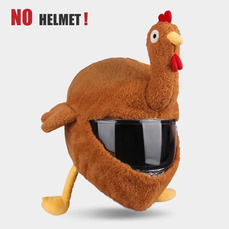 Brown plush chicken novelty helmet cover with yellow legs, full face visor, humorous streetwear accessory