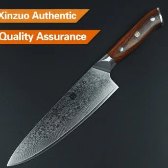 Damascus steel chef knife with patterned blade and polished wood handle on dark background