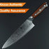 Damascus steel chef knife with patterned blade and wooden handle on dark background