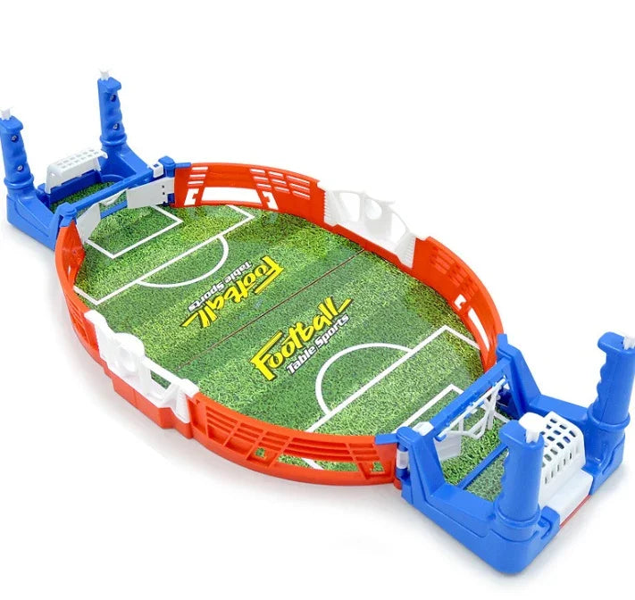 Mini tabletop football game set with green field, red and blue plastic frame, detailed goals