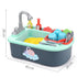 Plastic toy dishwashing sink set with faucet, utensils, plates, and cups, measuring 40x28x28 cm.