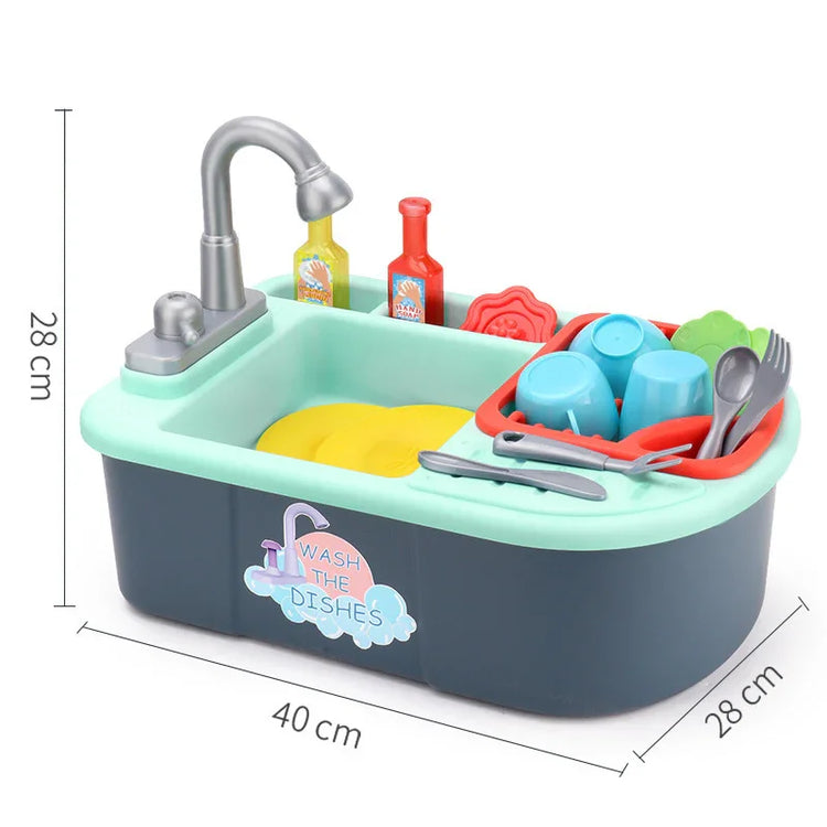 Plastic toy dishwashing sink set with faucet, utensils, plates, and cups, measuring 40x28x28 cm.