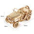 Wooden model jeep with visible laser-cut details and size dimensions, natural finish
