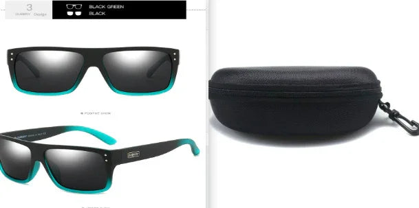 Black and teal rectangular sunglasses with mirrored lenses and black carrying case