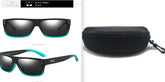 Black and teal rectangular sunglasses with mirrored lenses and black carrying case