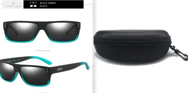 Black and teal rectangular sunglasses with mirrored lenses and black carrying case