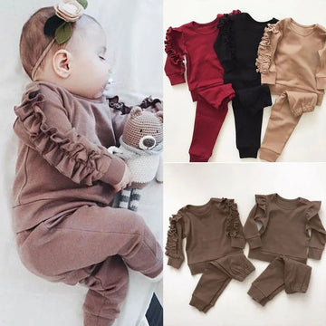 Infant ruffle sleeve lounge sets in soft cotton, available in brown, beige, red, and black.
