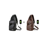 USB portable charging chest bags in black and brown with soft wear-resistant PU leather, front pocket, headphone jack, and zipper opening