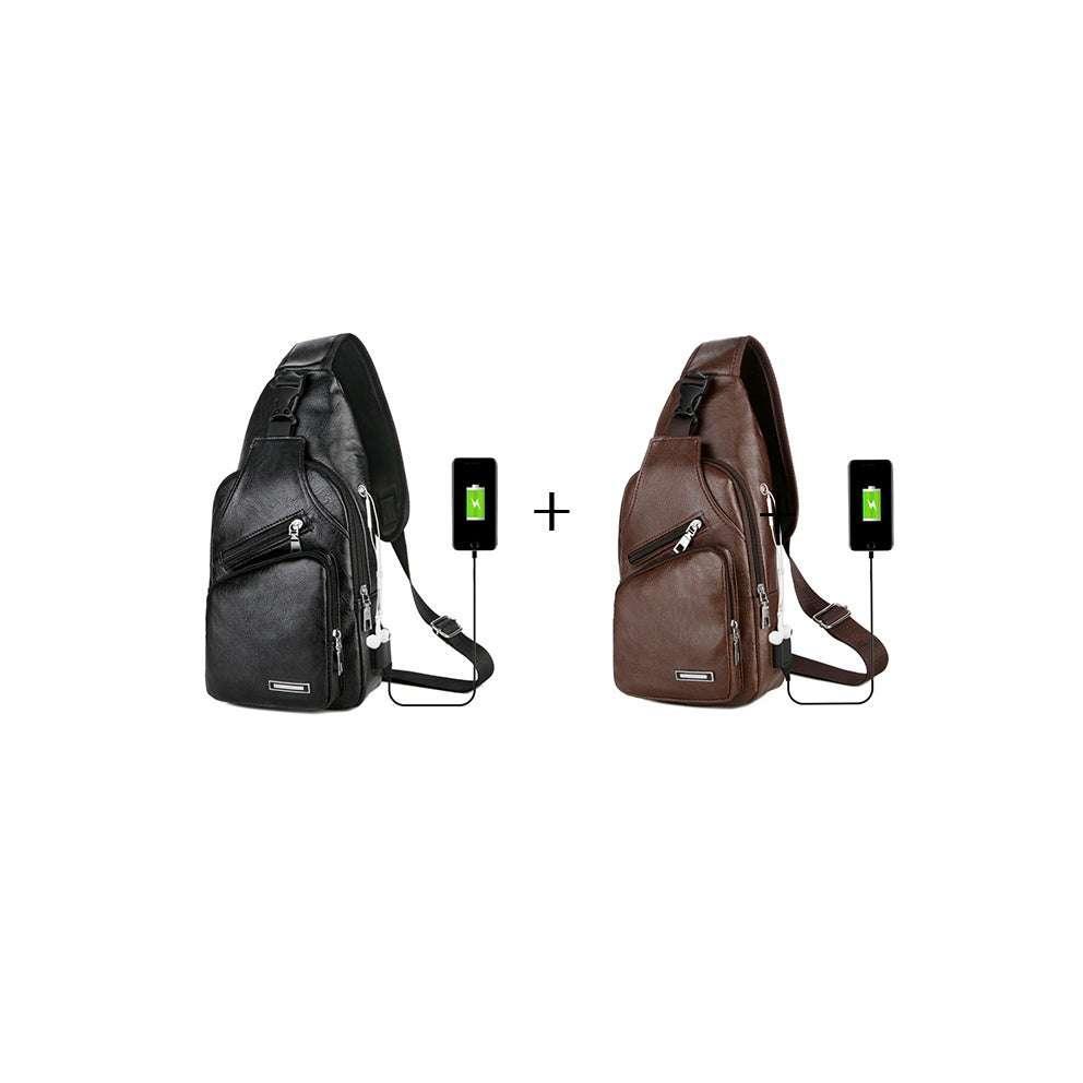 Black and brown crossbody sling bags with USB charging port, leather material, compact fit