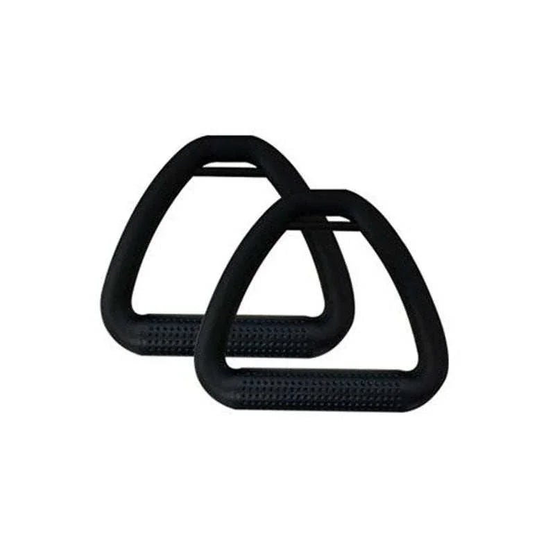 Pair of black plastic exercise handles with textured grip on white background