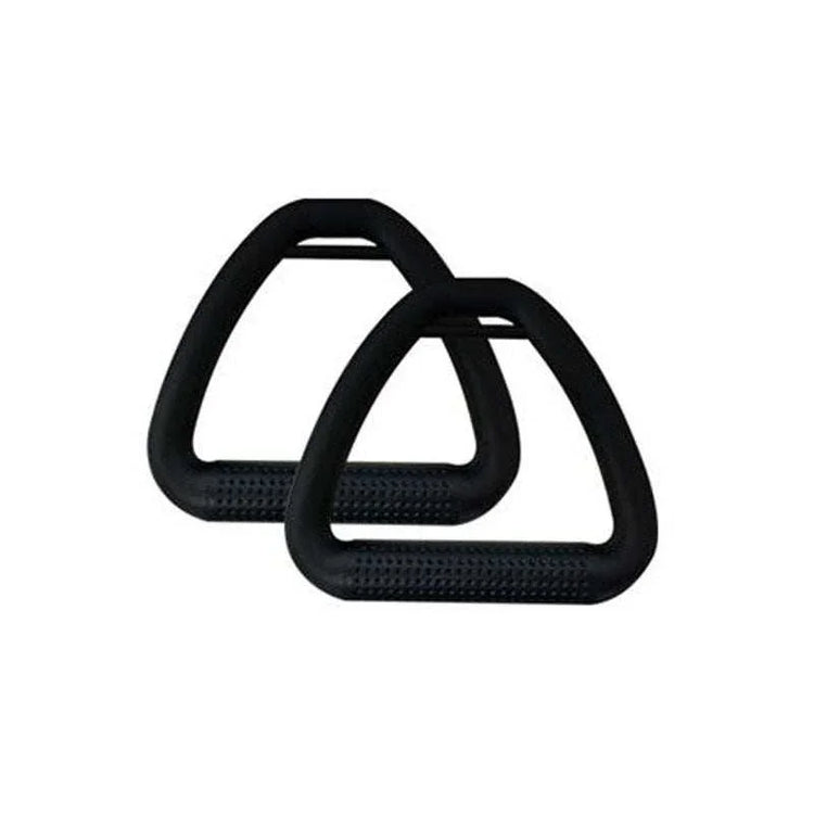 Pair of black plastic exercise handles with textured grip on white background