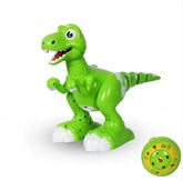 Bright green plastic dinosaur toy with remote control, features white feet and cartoon style