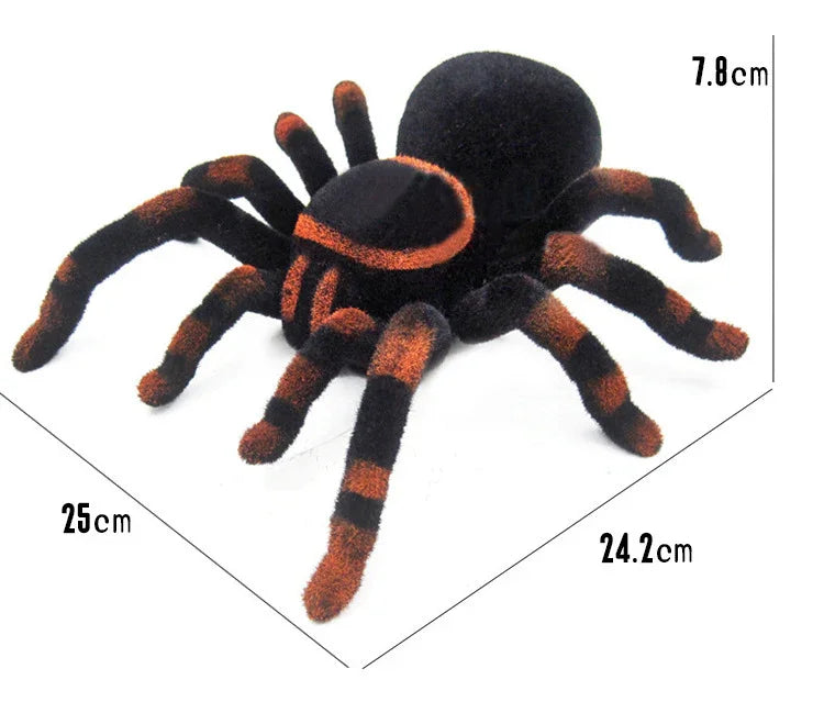 Black and orange plush spider toy with striped legs, soft fuzzy material, realistic design, dimensions shown.