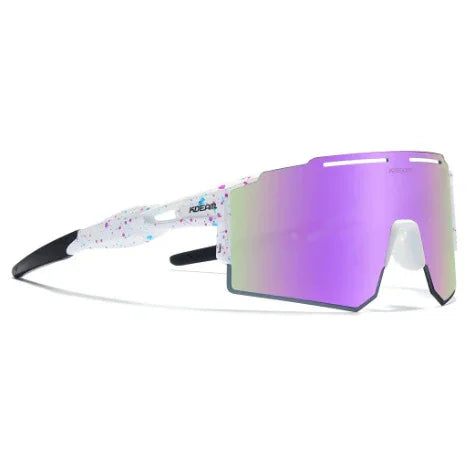 Futuristic sport sunglasses with oversized purple mirrored lens, white splatter frame, and black tips