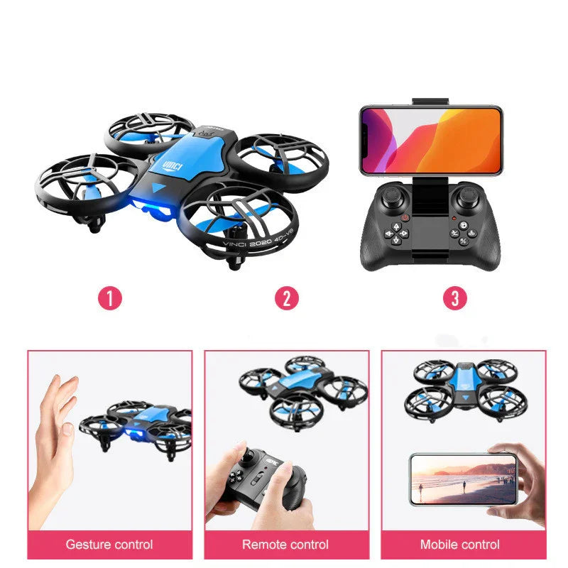 Blue and black quadcopter drone with gesture, remote, and mobile control options displayed.