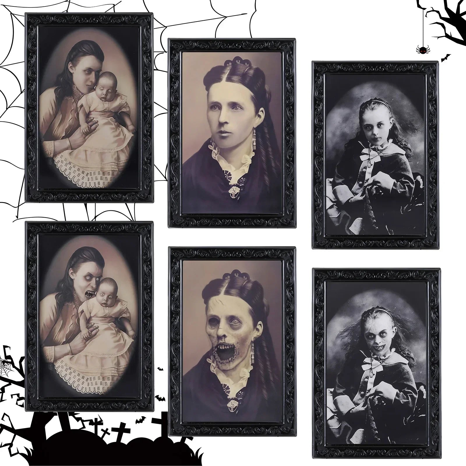 Vintage-style portraits with gothic clothing, dark lace, and horror transformations in ornate black frames.