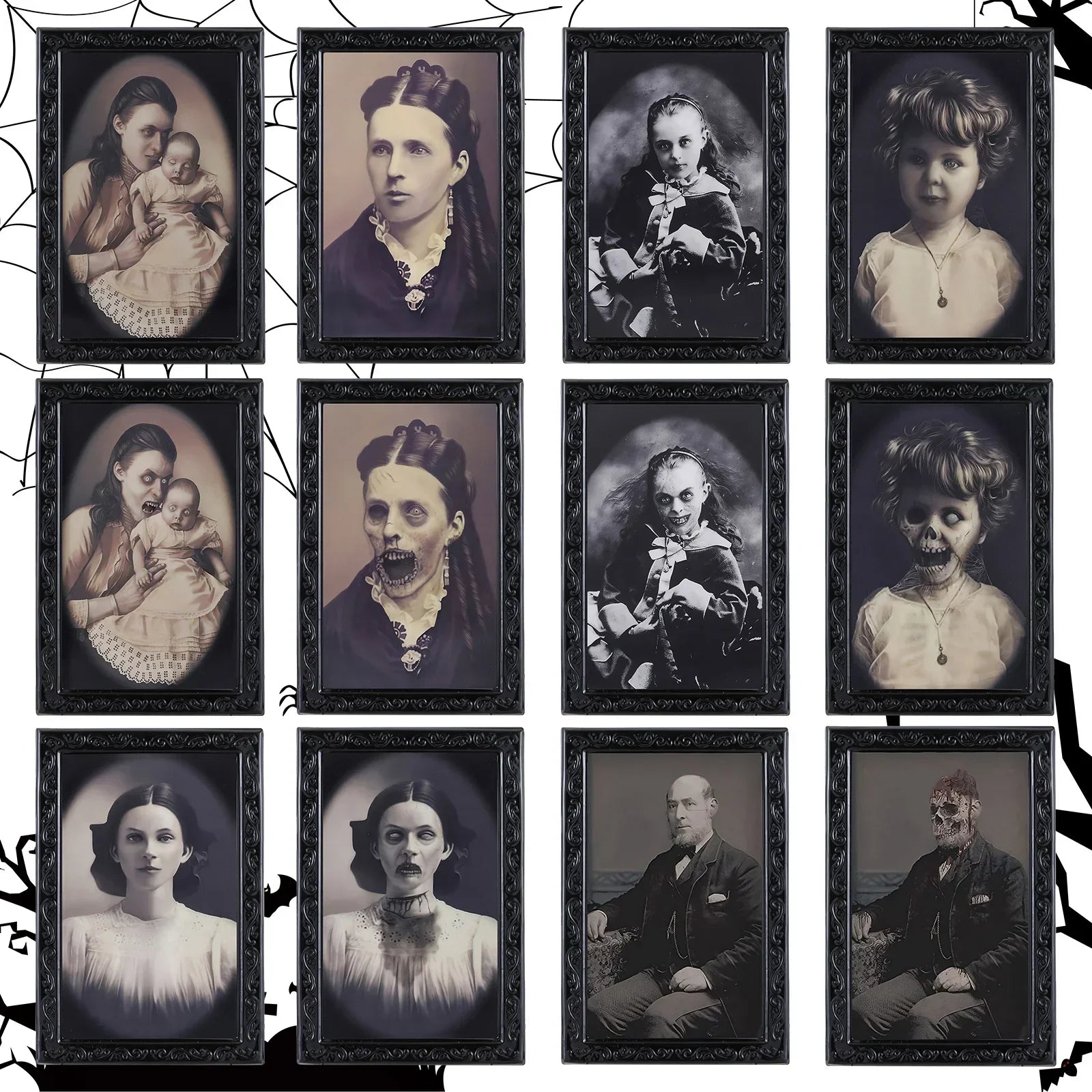 Vintage-style portraits in ornate frames, featuring people in dark, classic attire with dramatic, eerie transformations.