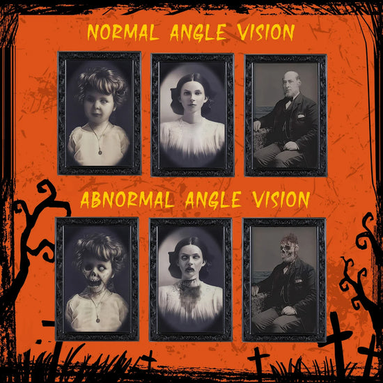 Framed portraits of people in vintage clothing transforming into creepy figures at different viewing angles.