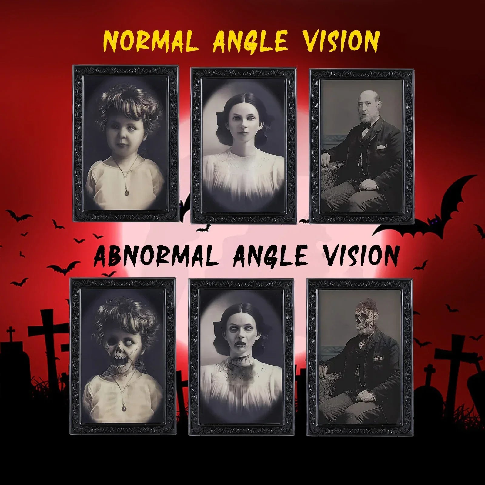 Vintage-style portrait frames displaying transforming images; figures wear formal Victorian clothing in black and white, with eerie horror effects appearing from different angles.