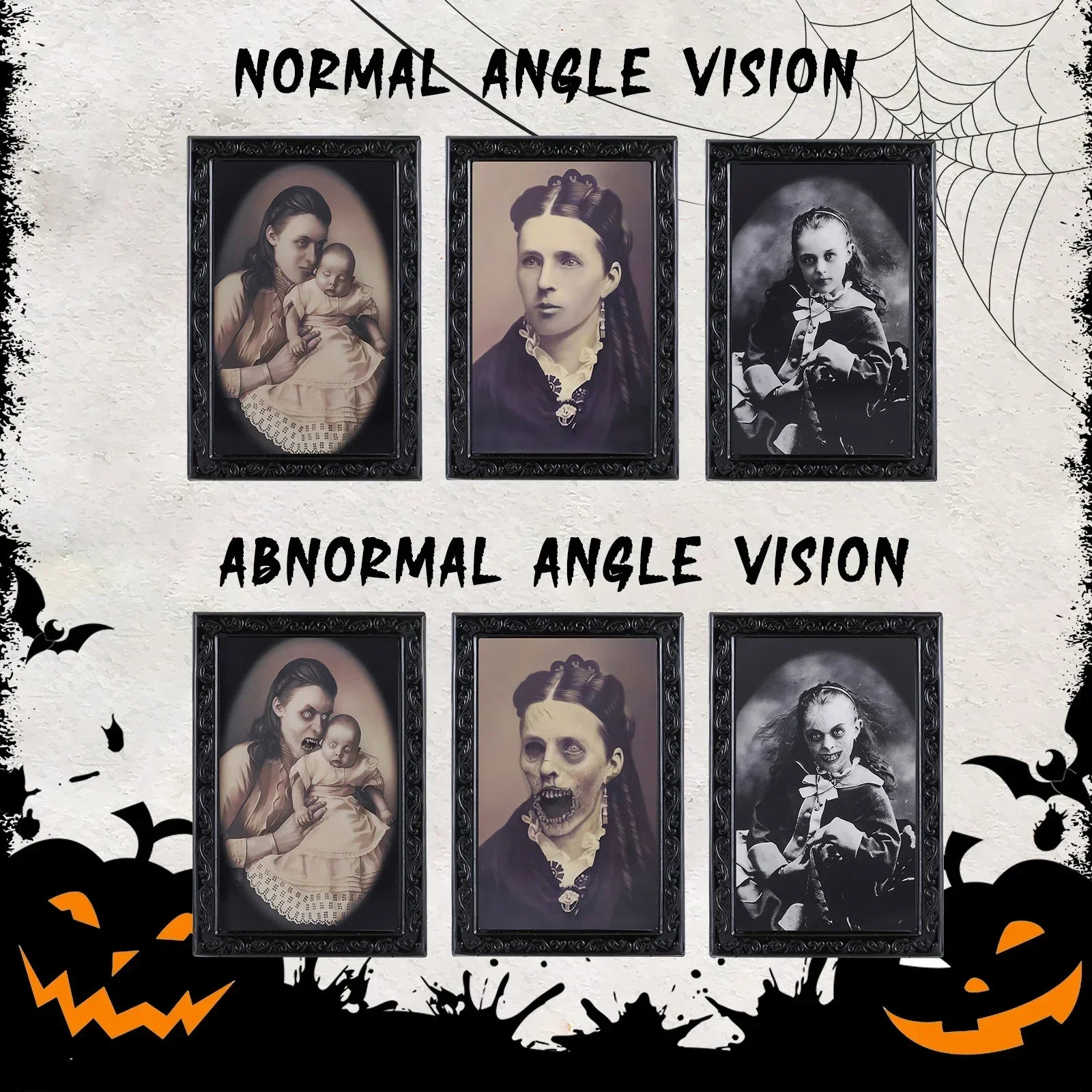 Vintage gothic portraits display normal faces from the front, reveal scary, skeletal horror faces from an angle, set in ornate black frames, Halloween decor.