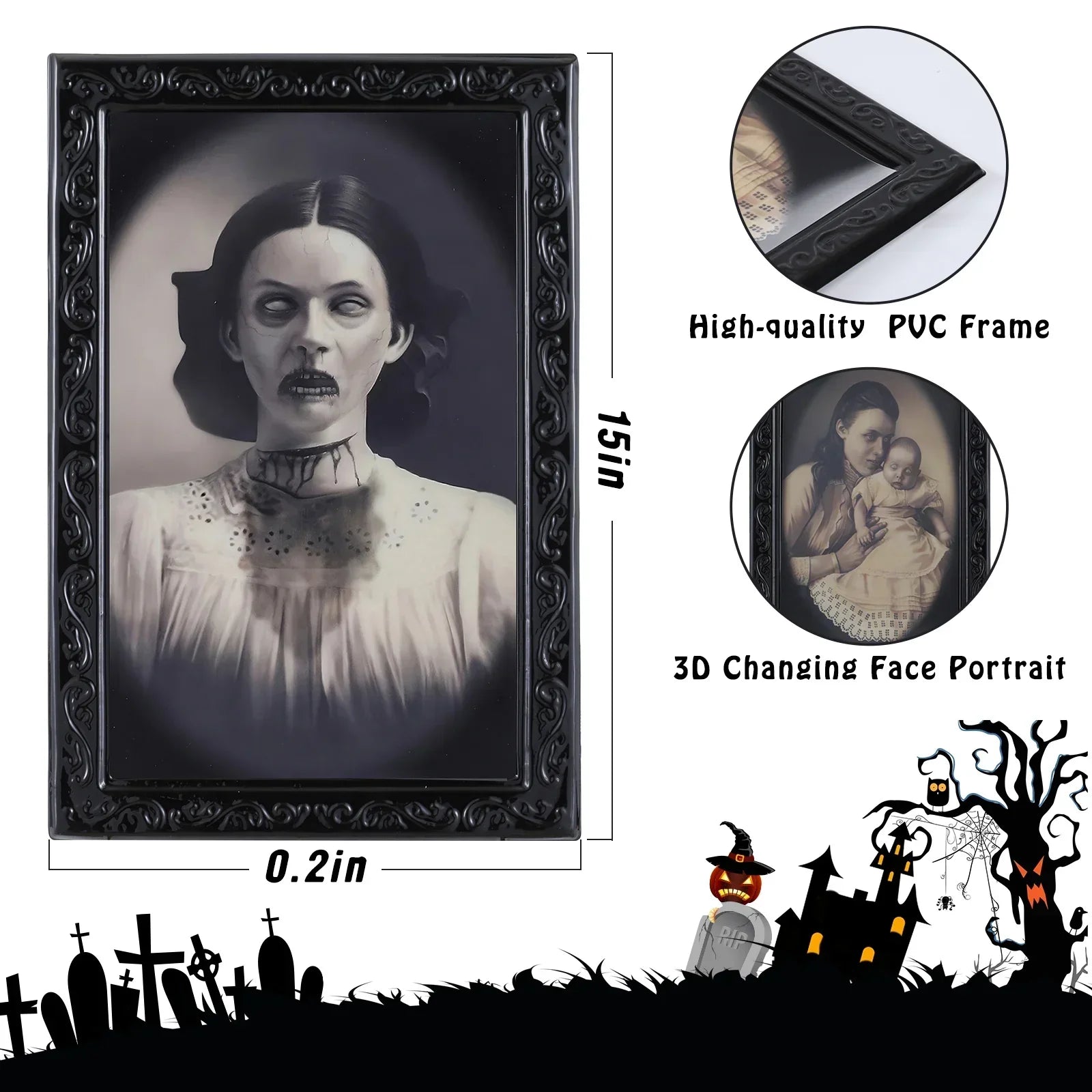 3D changing portrait in ornate black PVC frame, features spooky Victorian figure, 15 inches tall