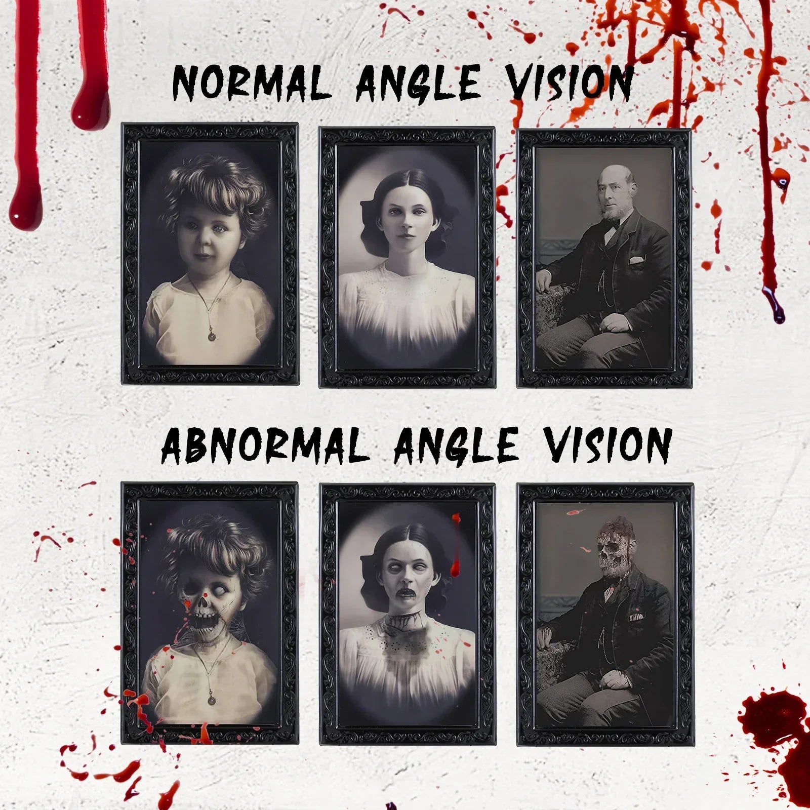 Lenticular portraits in ornate frames shift from vintage family photos to horror faces at different angles.