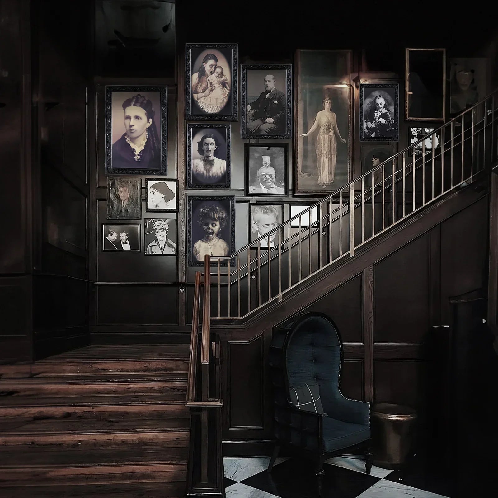 Dark wooden staircase with vintage framed portraits, elegant black high-back chair nearby.