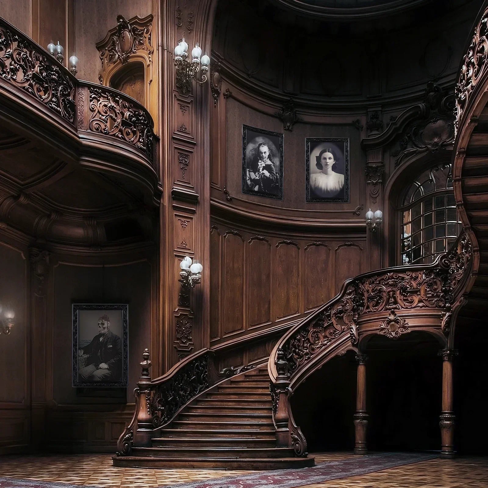Grand curved staircase with ornate dark wood paneling, carved railing, and vintage portraits.