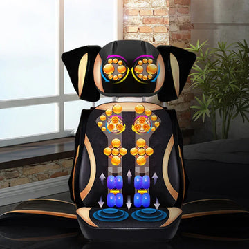 Black ergonomic massage chair pad with visible shiatsu rollers and relaxation features