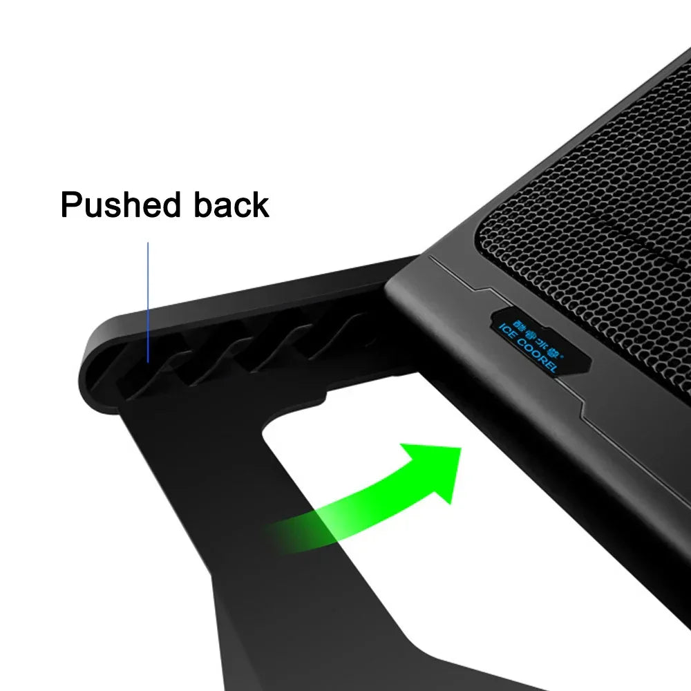 Adjustable black laptop cooling pad with mesh surface and tilt mechanism, shown pushed back.