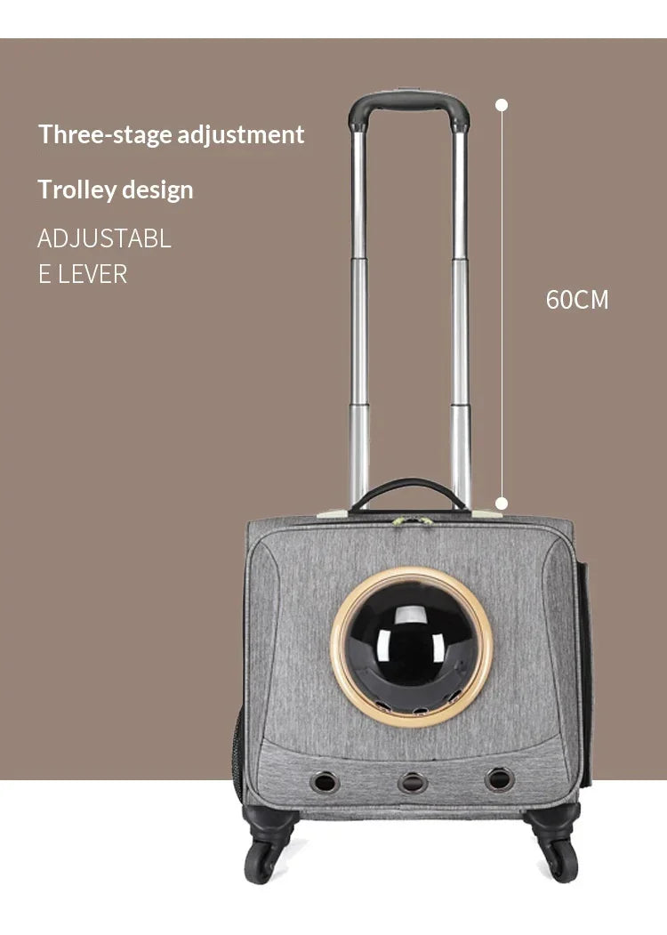 Gray fabric rolling pet carrier with telescopic adjustable handle and clear bubble window