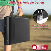 Person wearing green top and gray shorts, holding a portable black hard-shell case outdoors.
