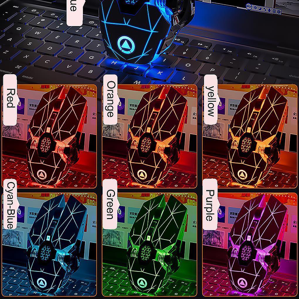 Futuristic wireless gaming mouse with geometric LED lighting in multiple colors on keyboard