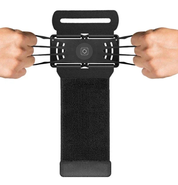 Black elastic adjustable phone holder with stretchable bands and hands pulling sides