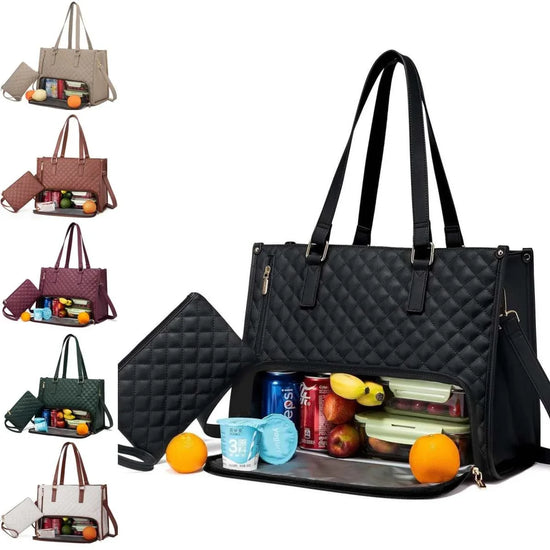 Quilted tote bags in multiple colors with insulated food storage compartment, double straps, medium size, modern street style.