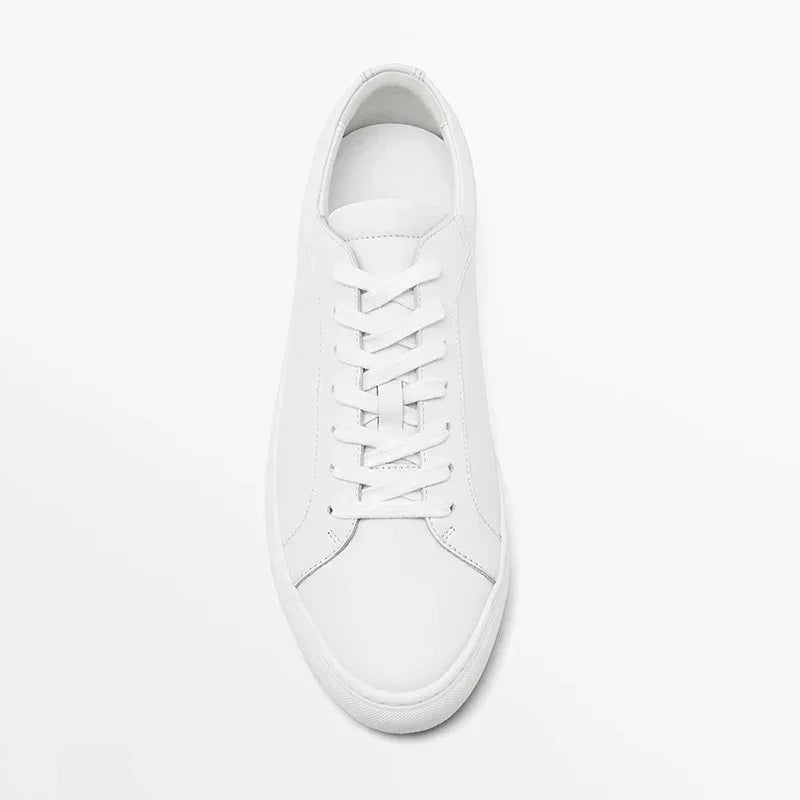 Minimalist white leather sneaker with lace-up design and low-top fit on white background