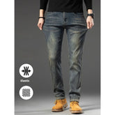 Slim-fit elastic blue jeans with faded wash, stretch denim material, casual style