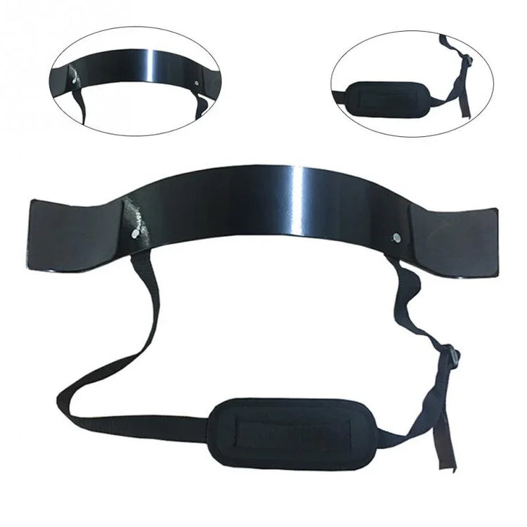 Black adjustable metal arm blaster with padded strap for weightlifting support