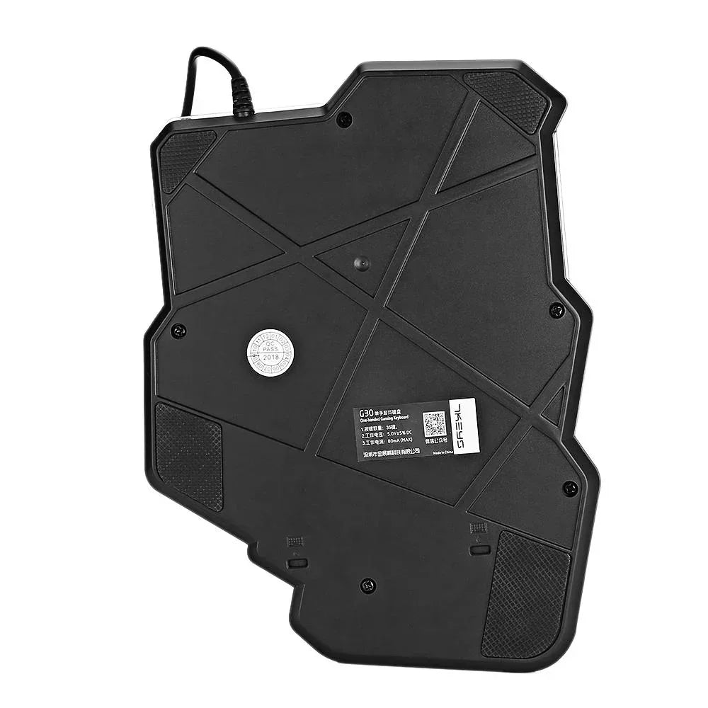 Black angular keyboard base with textured panels and visible product label