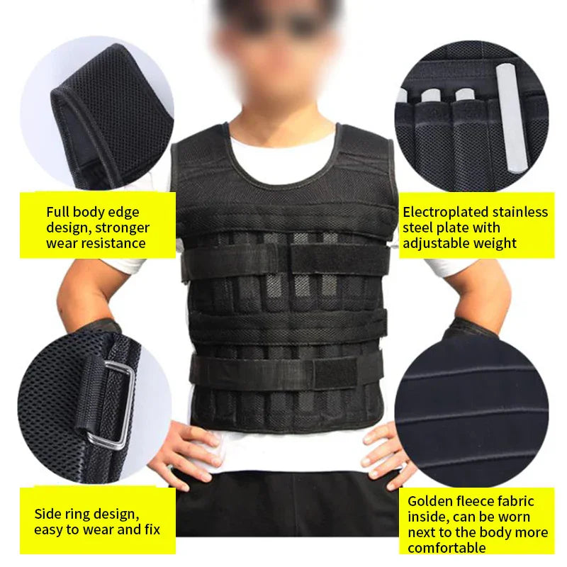 Black adjustable weighted vest with stainless steel plates, mesh fabric, and side buckle design.