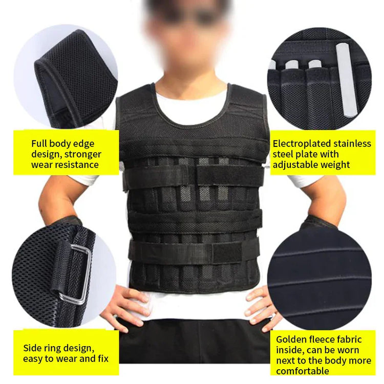 Black adjustable weighted vest with stainless steel plates, mesh fabric, and side buckle design.