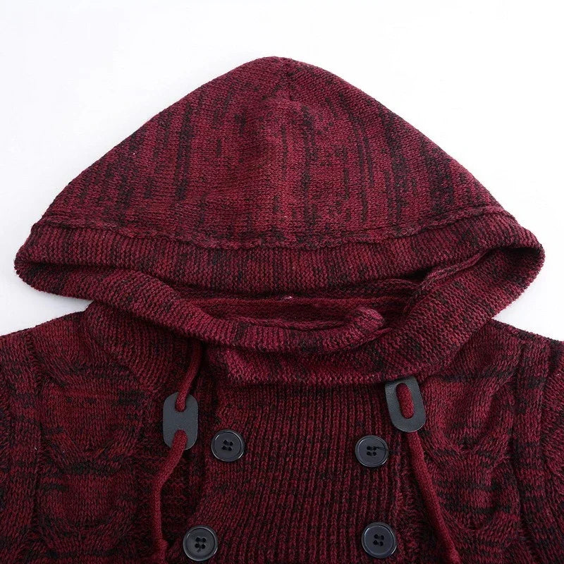 Maroon knit hooded sweater with black buttons and textured detailing