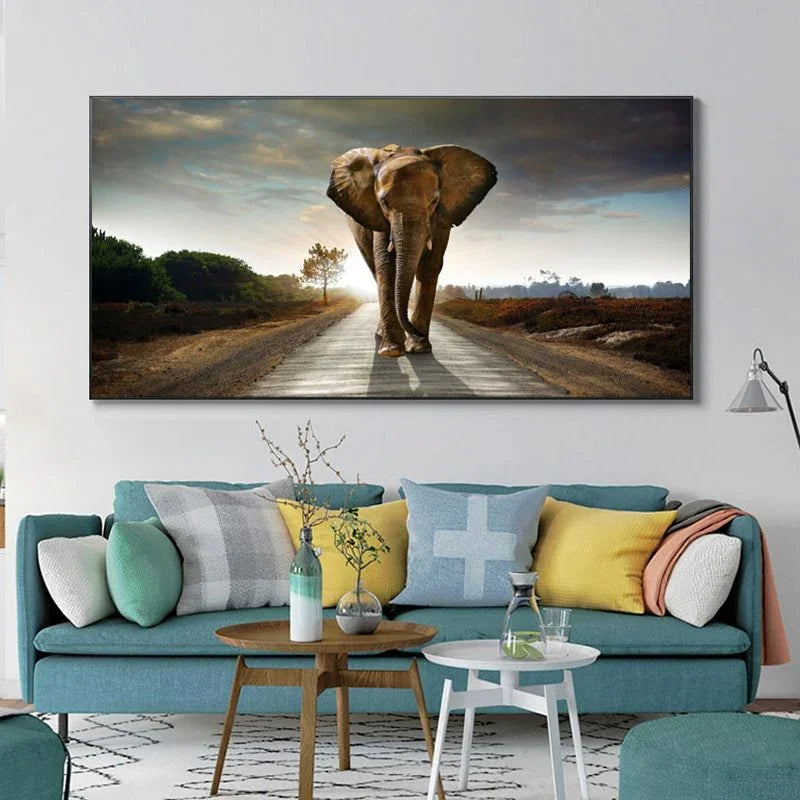 Modern living room with teal sofa, colorful throw pillows, and an elephant wall art centerpiece